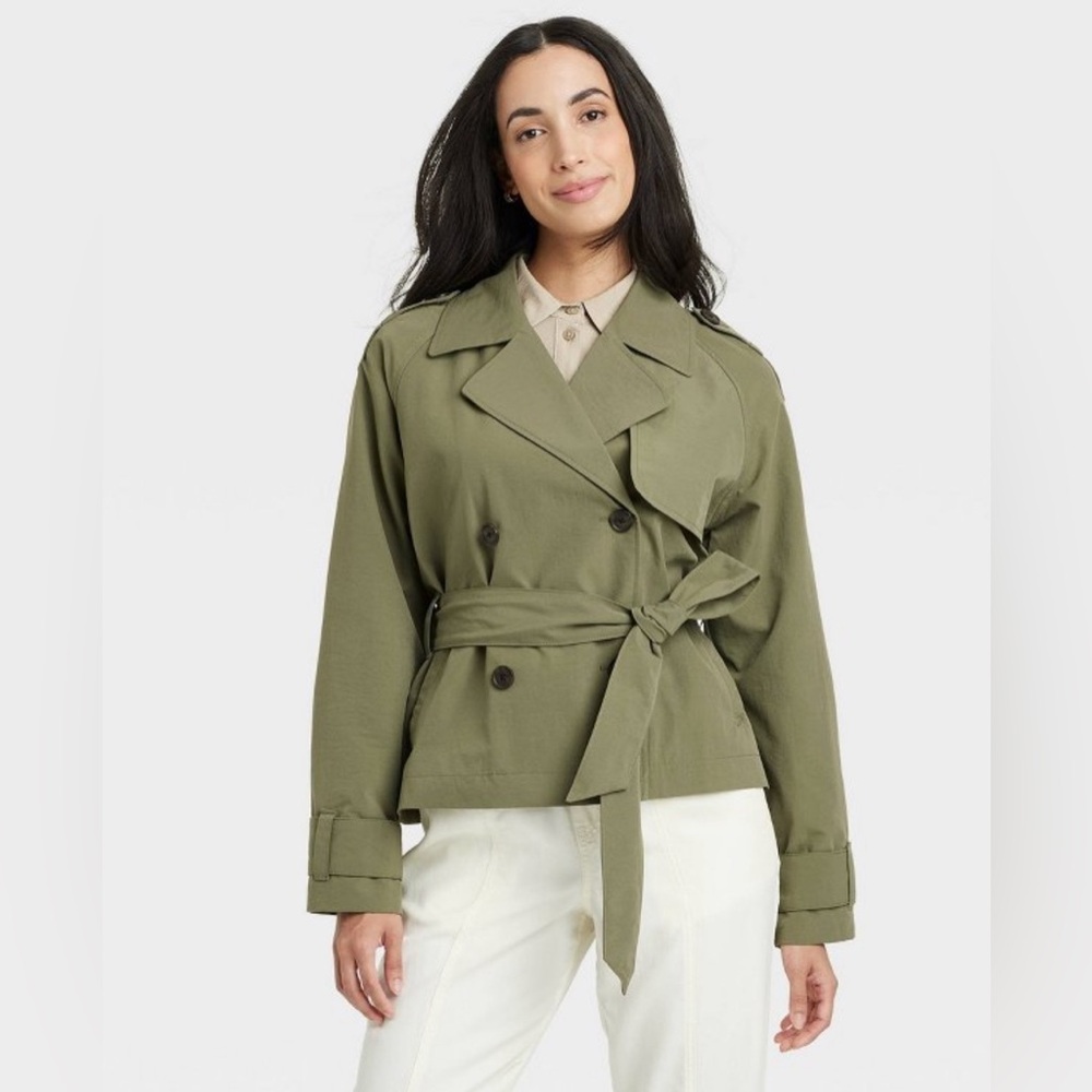 Women's A New Day Short Trench Coat - A New Day Olive S